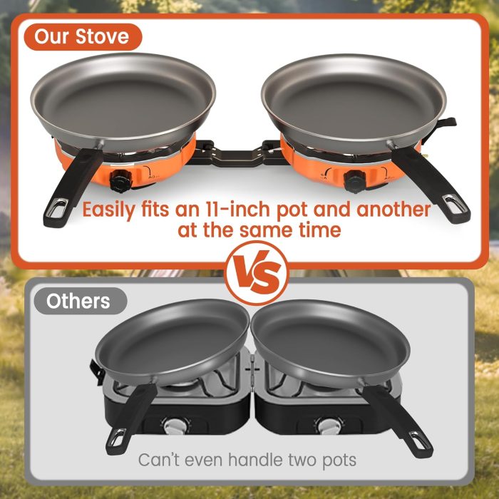 20,000 BTUs 2 Burner Propane Camping Stove, Portable Folding Camp Stove with Adjustable Burners, Regulator and Carrying Bag, Dual Gas Stoves Easy Carrying Handle for Tailgating, Camping, BBQ - Image 2