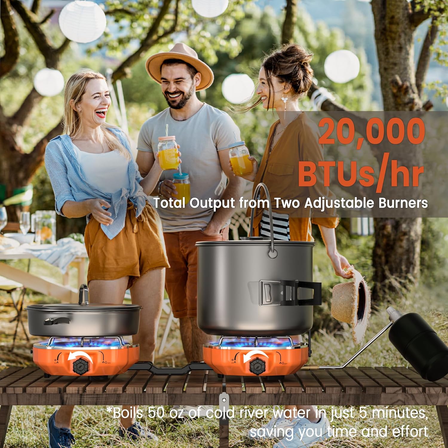 20,000 BTUs 2 Burner Propane Camping Stove, Portable Folding Camp Stove with Adjustable Burners, Regulator and Carrying Bag, Dual Gas Stoves Easy Carrying Handle for Tailgating, Camping, BBQ - Image 3