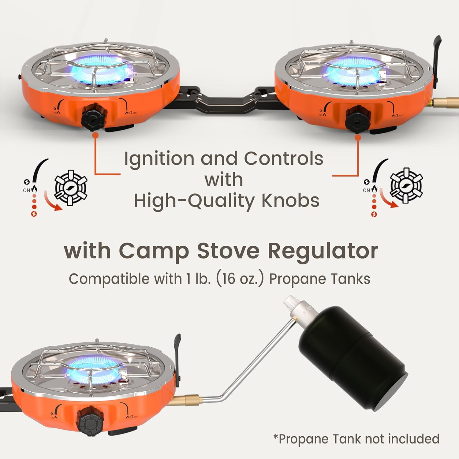 20,000 BTUs 2 Burner Propane Camping Stove, Portable Folding Camp Stove with Adjustable Burners, Regulator and Carrying Bag, Dual Gas Stoves Easy Carrying Handle for Tailgating, Camping, BBQ - Image 4